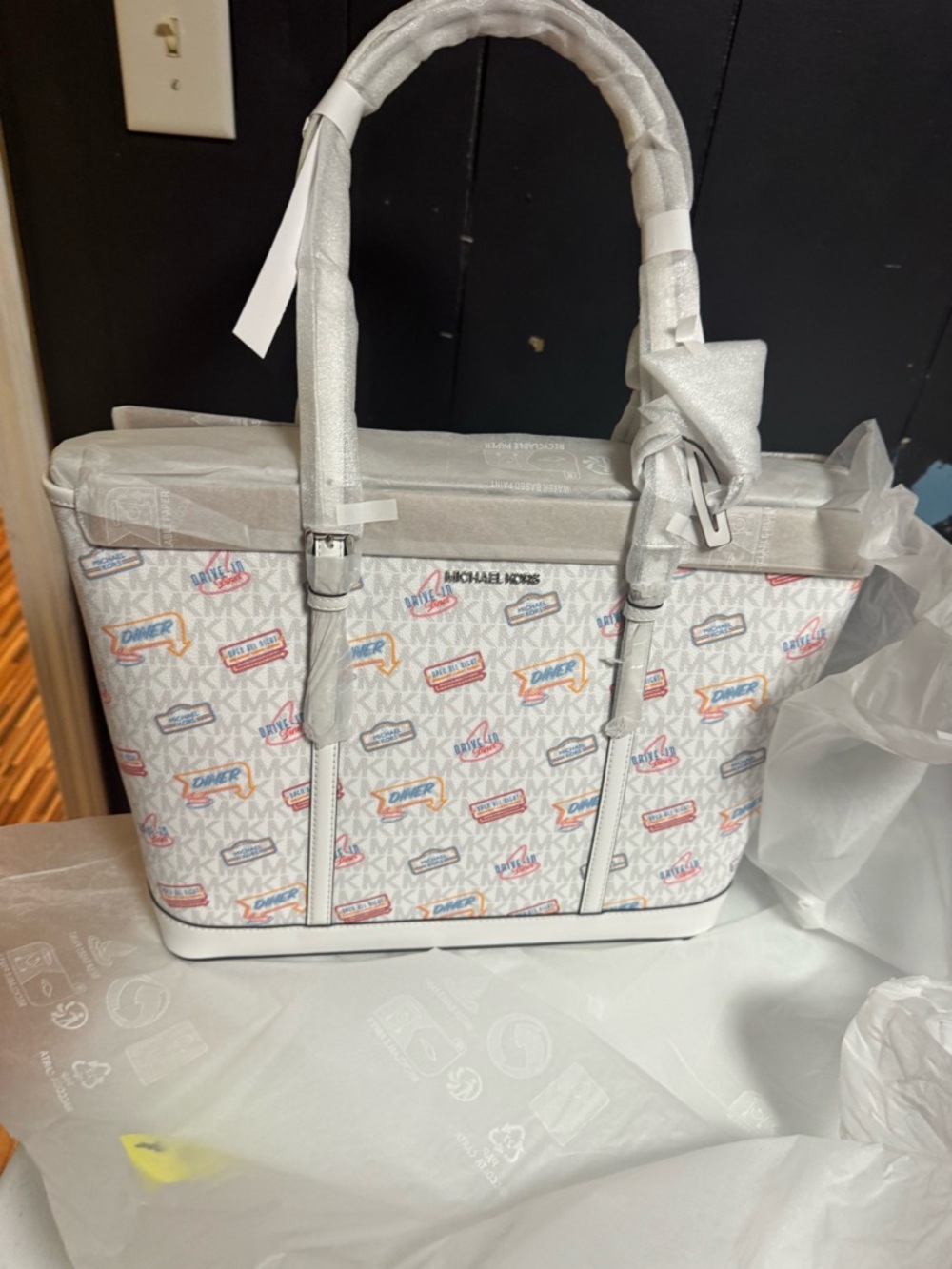 Michael Kors White Logo Tote with Red, Blue and Orange Diner Logos